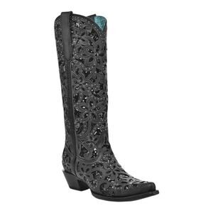 Corral BLACK GLITTER INLAY FLORAL OVERLAY w/ CRYSTALS TALL/Western COWBOY BOOTS